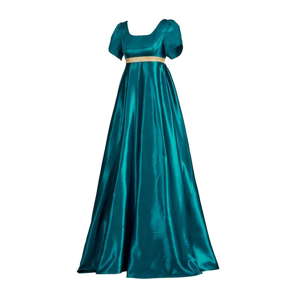 Elegant Halloweez Medieval Empire Gown - Bridgerton Inspired Cosplay in Vibrant Emerald Silk - Halloweez