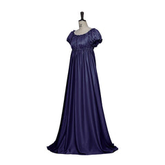 Elegant Medieval Empire Gown - Halloweez Bridgerton Cosplay Costume in Iron Blue Silky Fabric - Halloweez