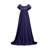 Elegant Medieval Empire Gown - Halloweez Bridgerton Cosplay Costume in Iron Blue Silky Fabric - Halloweez