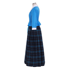 Outlander Claire Fraser Cosplay Costume | Authentic Scottish Highland Blue Dress with Plaid Pleated Skirt | Halloweez - Halloweez
