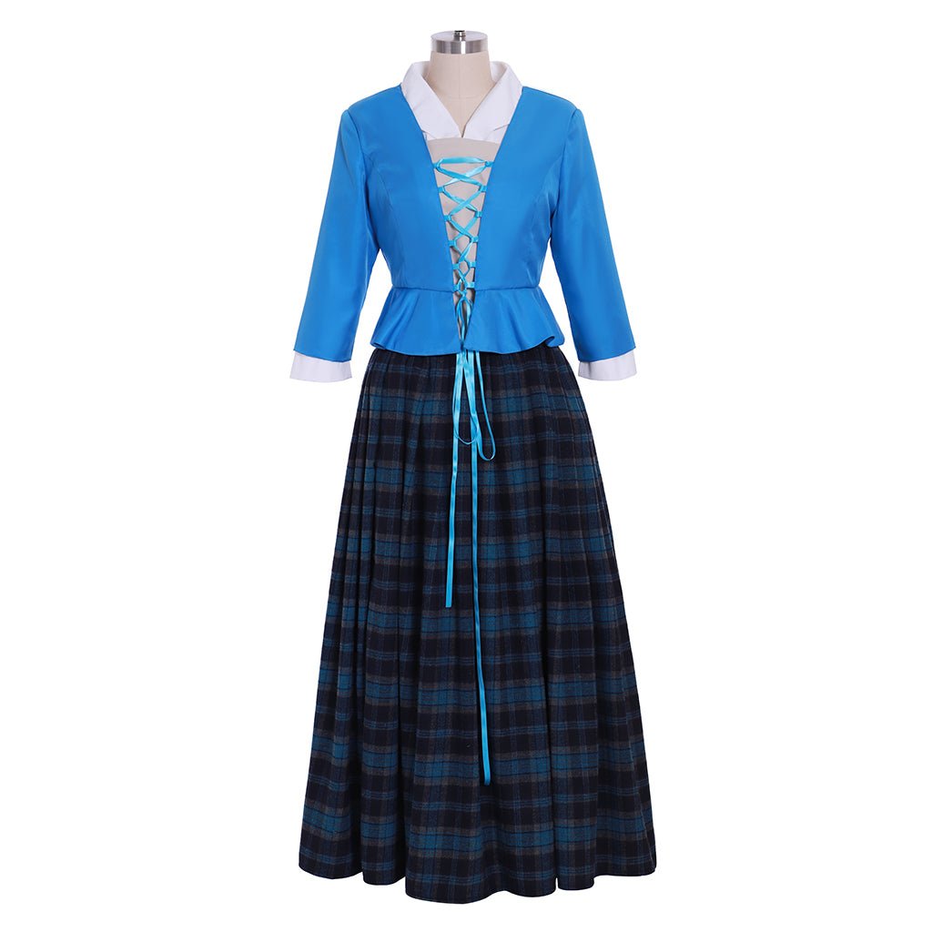 Outlander Claire Fraser Cosplay Costume | Authentic Scottish Highland Blue Dress with Plaid Pleated Skirt | Halloweez - Halloweez