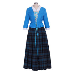Outlander Claire Fraser Cosplay Costume | Authentic Scottish Highland Blue Dress with Plaid Pleated Skirt | Halloweez - Halloweez