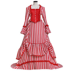 Halloweez Mrs. Lovett Cosplay Costume – Elegant Victorian Bustle Dress with Red and White Stripes for Women - Halloweez