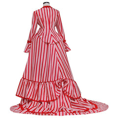 Halloweez Mrs. Lovett Cosplay Costume – Elegant Victorian Bustle Dress with Red and White Stripes for Women - Halloweez