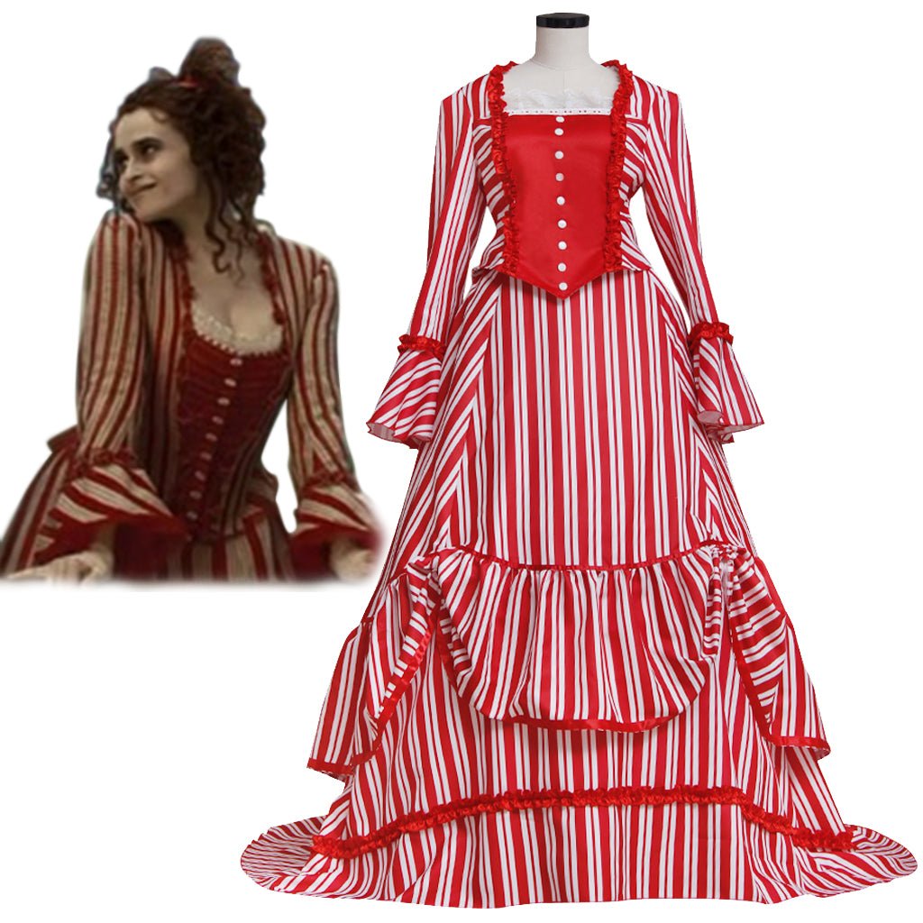 Halloweez Mrs. Lovett Cosplay Costume – Elegant Victorian Bustle Dress with Red and White Stripes for Women - Halloweez
