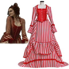 Halloweez Mrs. Lovett Cosplay Costume – Elegant Victorian Bustle Dress with Red and White Stripes for Women - Halloweez