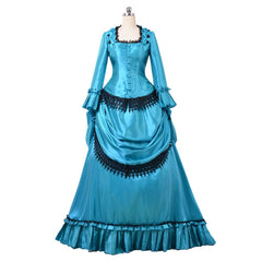 Elegant 1860s Blue Bustle Gown | Halloweez British Aristocratic Walking Dress | Duchess Inspired Long Dress - Halloweez