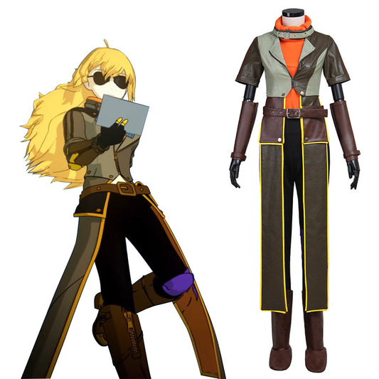 RWBY characters Yang Xiao Long, Lie Ren, and Qrow Branwen in their iconic costumes