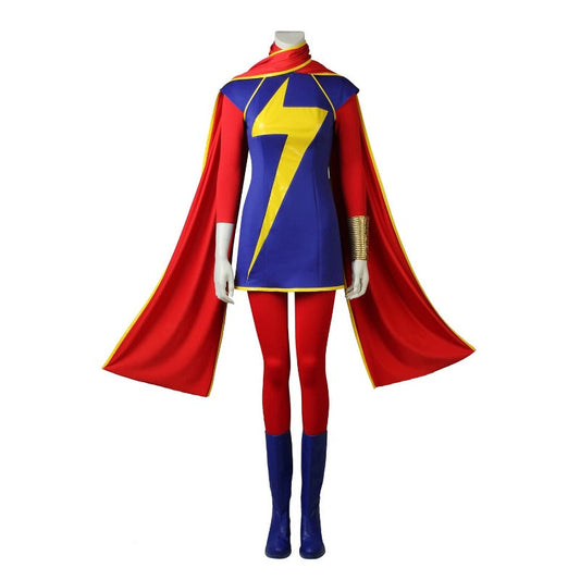 Marvel characters Captain America, Kamala Khan, and Captain Marvel in iconic poses