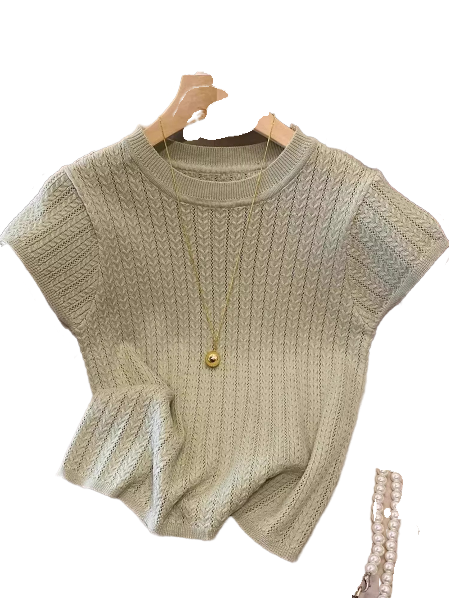 Elegant Hollow-Out Short Sleeve Women's Summer High-End Youthful Slimming Design Fashion Round Neck Ice Silk Knitted Top A3919 - Halloweez