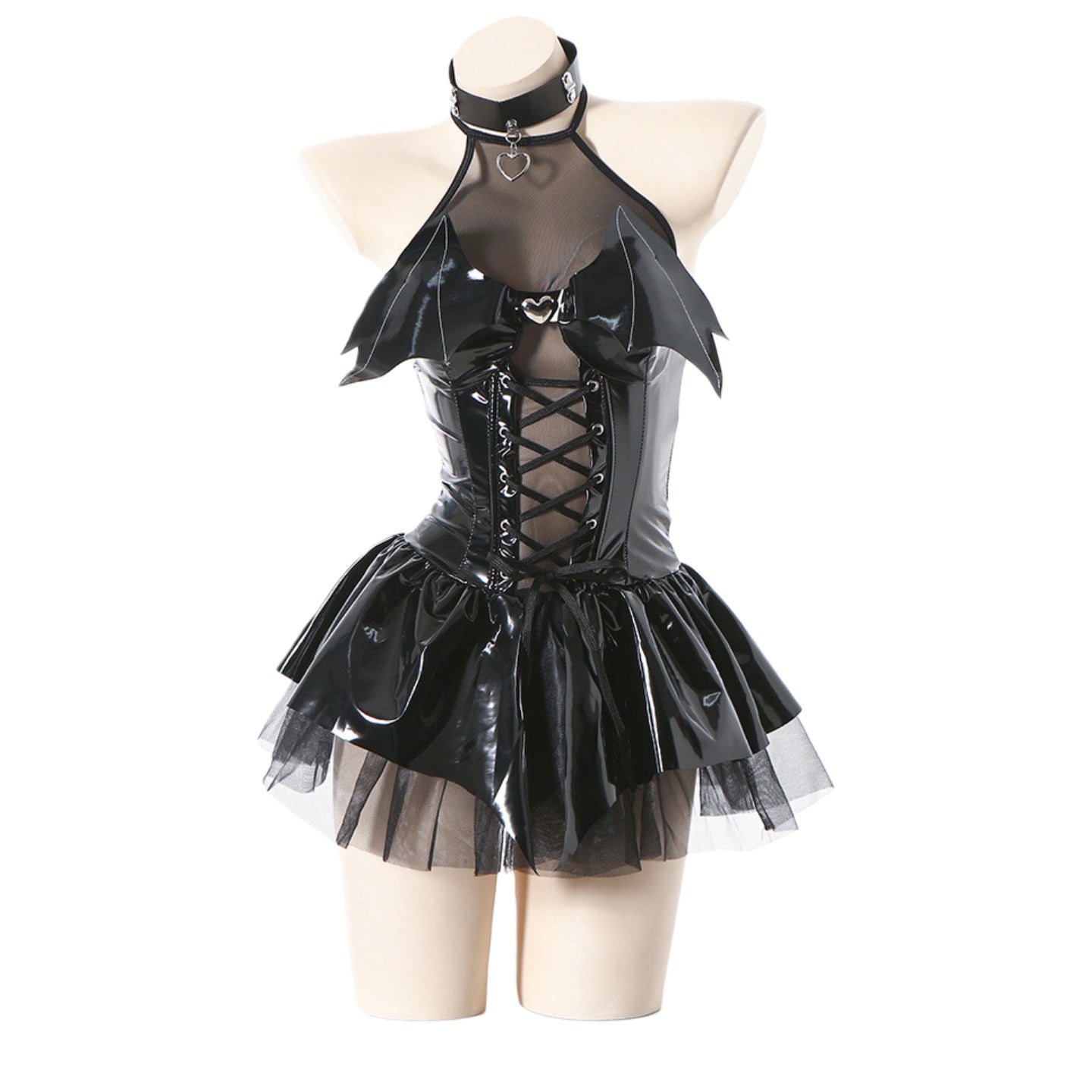 Mirror PU Halter Tie Bat Little Devil Sheer Mini Skirt Cosplay Costume Anime Lolita Goth Outfit - Halloweez