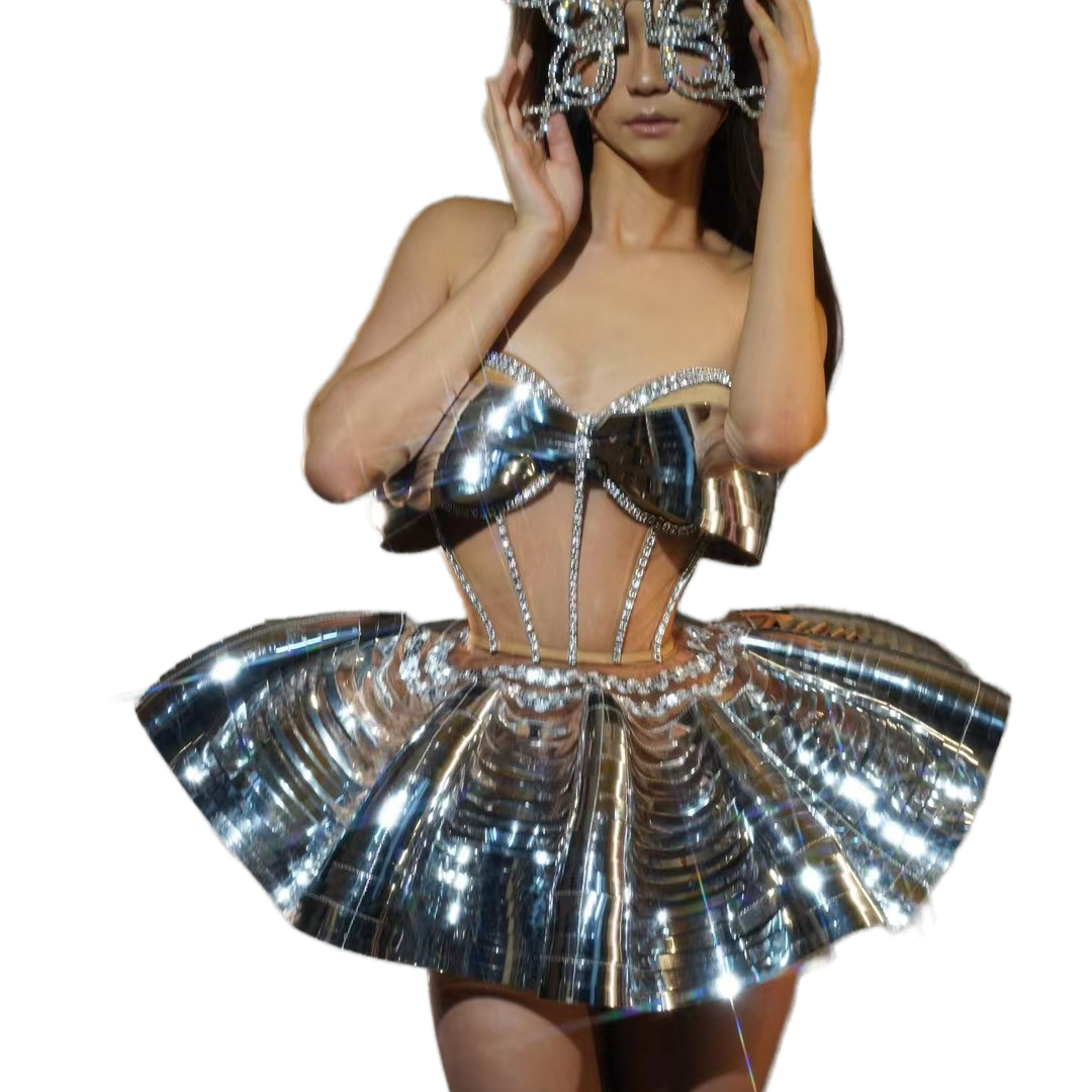 Masked Lady Mechanical Style Stage Costume Golden Sequin Girl Group Performance Cosplay Dress for Party Photography - Halloweez