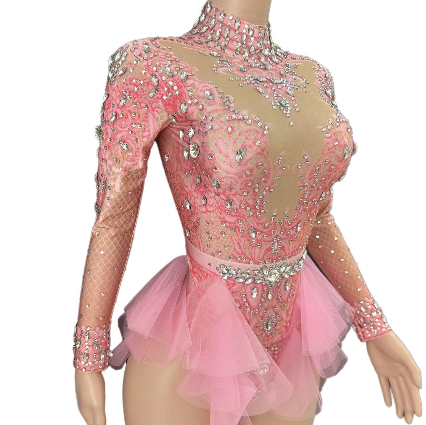GC Singer Dance Rhinestone Stretchy Slimming Pink Mesh Bodysuit Stage Performance Costume Female Flash Diamond Girl Group - Halloweez
