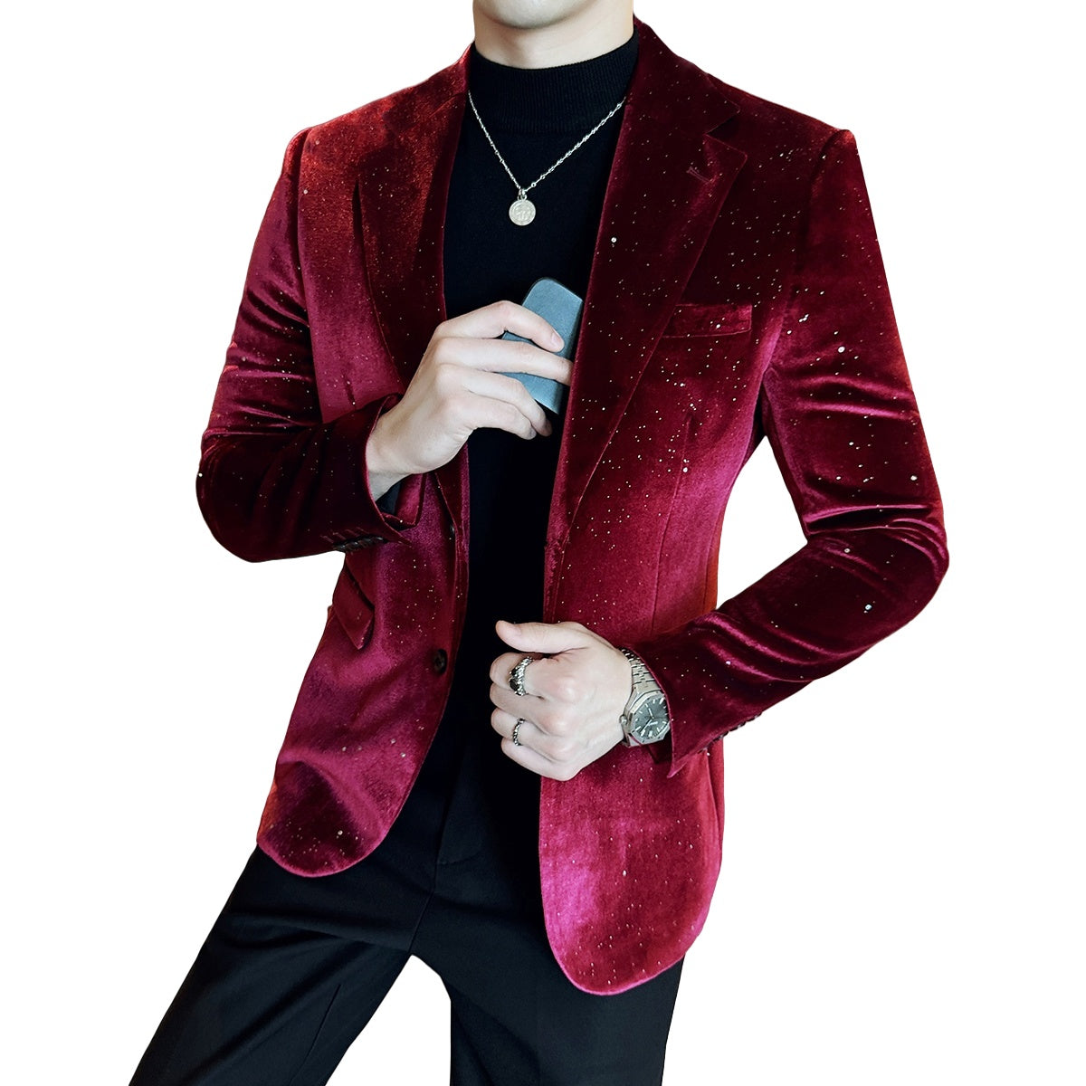 2025 New Fashion Glossy Velvet Gold Foil Print Men's Slim Fit Blazer Jacket - Trendy Cosplay Suit for Halloween Parties - Halloweez