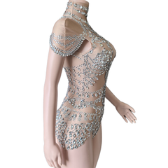 Elegant Lace Mesh Gown Evening Party Dress with Crystal Rhinestones High Neck Sleeveless Sheer Grid Pattern Ball Gown - Halloweez