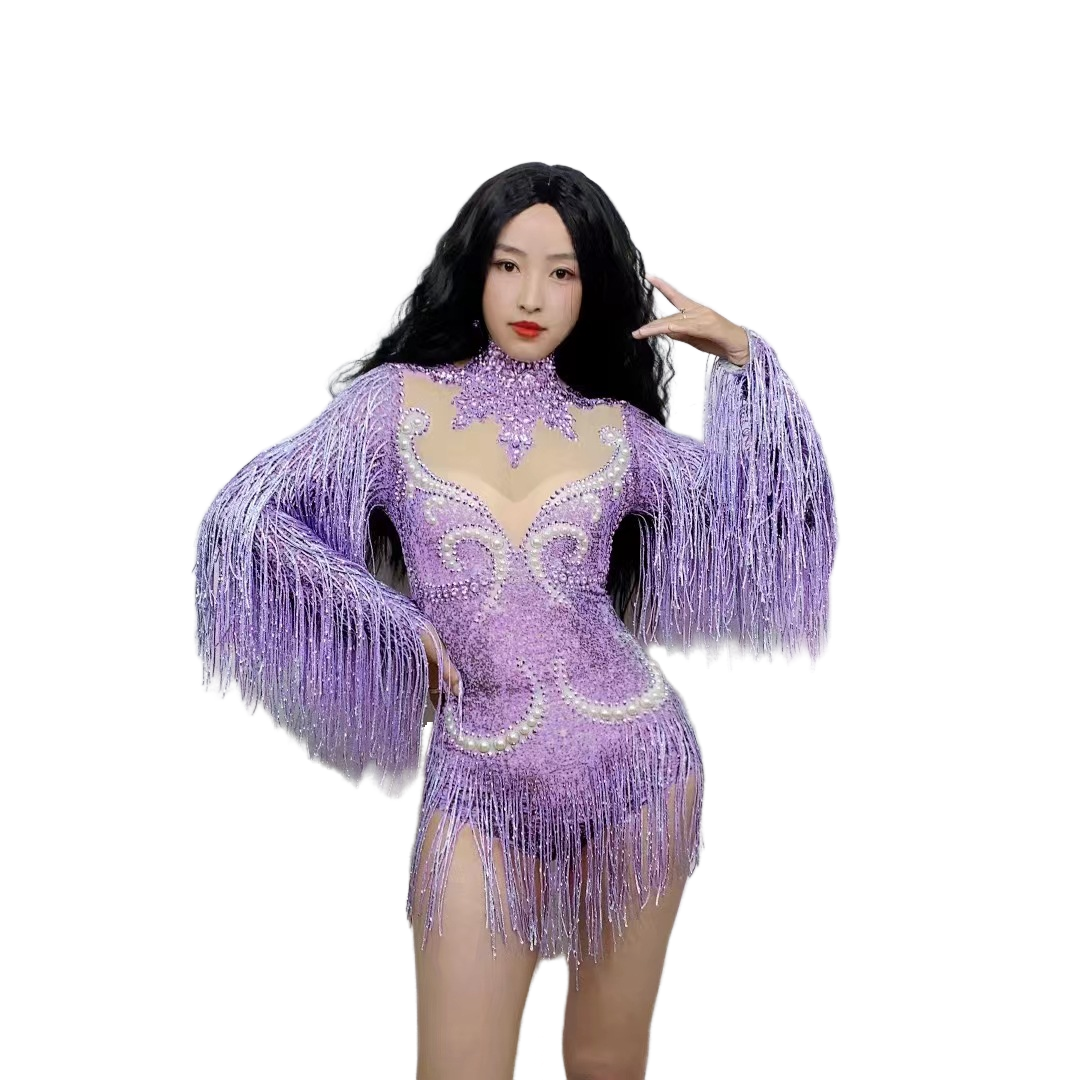 Sexual Stage Outfit Women's Rhinestone Pearl Fringe Long Sleeve Bodysuit Butterfly Mesh Performance Costume - Halloweez