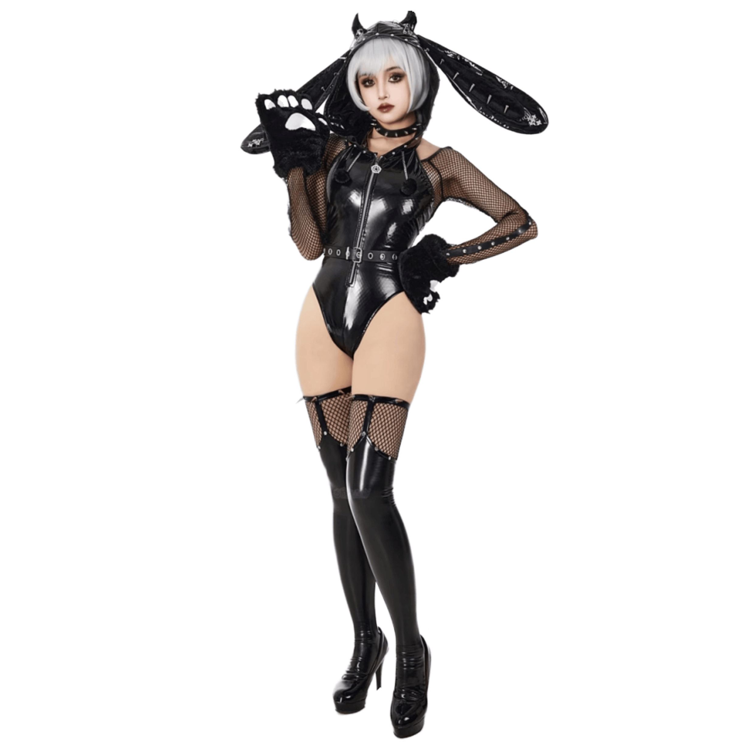 Original Gothic Demon Bunny Jumpsuit with Large Claws - Halloween Cosplay Costume for Women and Men - Halloweez