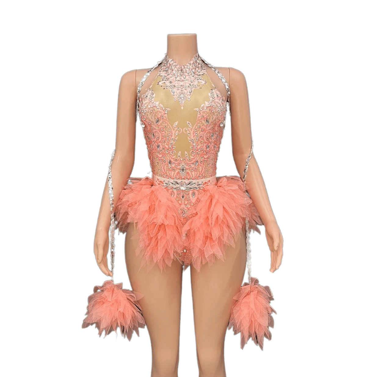 GC Singer Dance Shiny Diamond Stretchy Slim Pink Mesh Bodysuit Stage Performance Costume Women Flash Diamond - Light Green - Halloweez