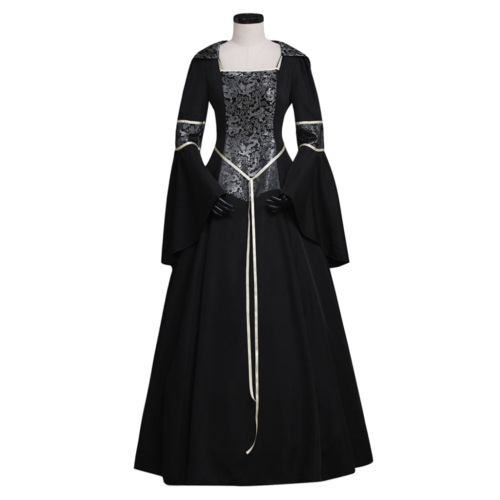 Elegantes vestidos renacentistas victorianos negros para eventos de gala