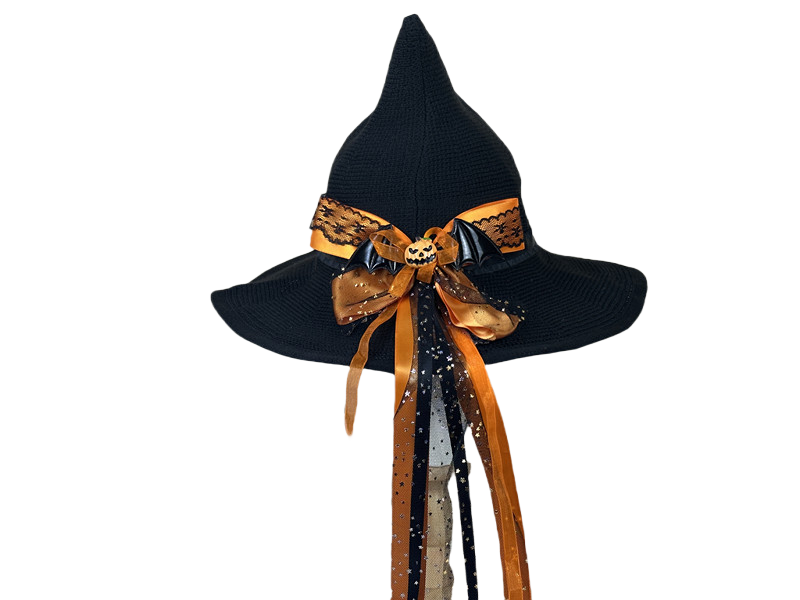 Halloween Bow Pumpkin Decoration Cotton Gauze Witch Hat Wide Brim Halloween Witch Hat Head Accessories - Halloweez