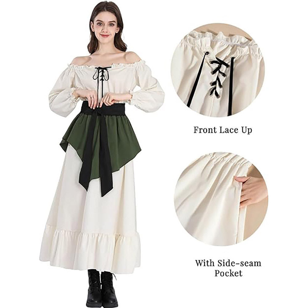 Renaissance Victorian Off-Shoulder Tie Dress Two-Piece Gown - Elegant Cosplay Costume - Halloweez