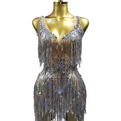 Fringe Dress Performance Costume Silver Dancewear Show Outfit Party Wear Sleeveless Halter Neck Performance Attire - Halloweez