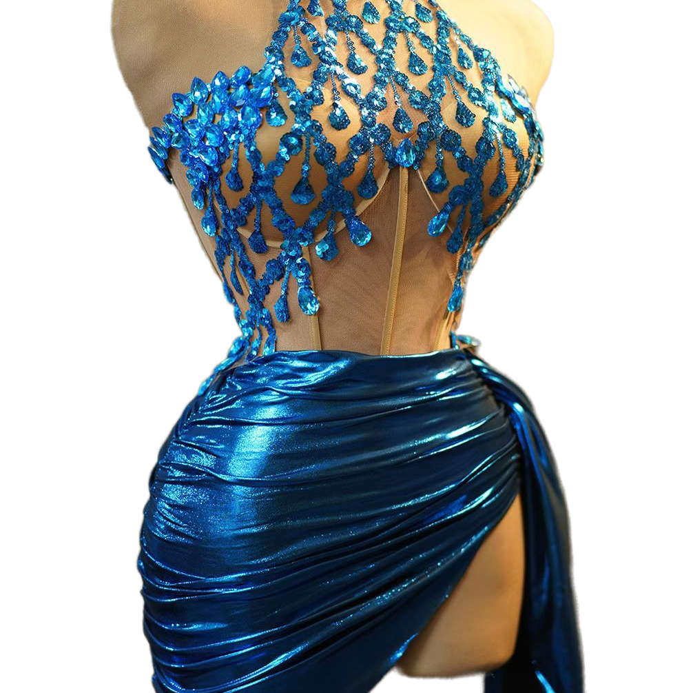Sexy Off-shoulder Crystal Chain Mini Dress - Blue Cosplay Costume for Party, Club, Performance - Halloweez