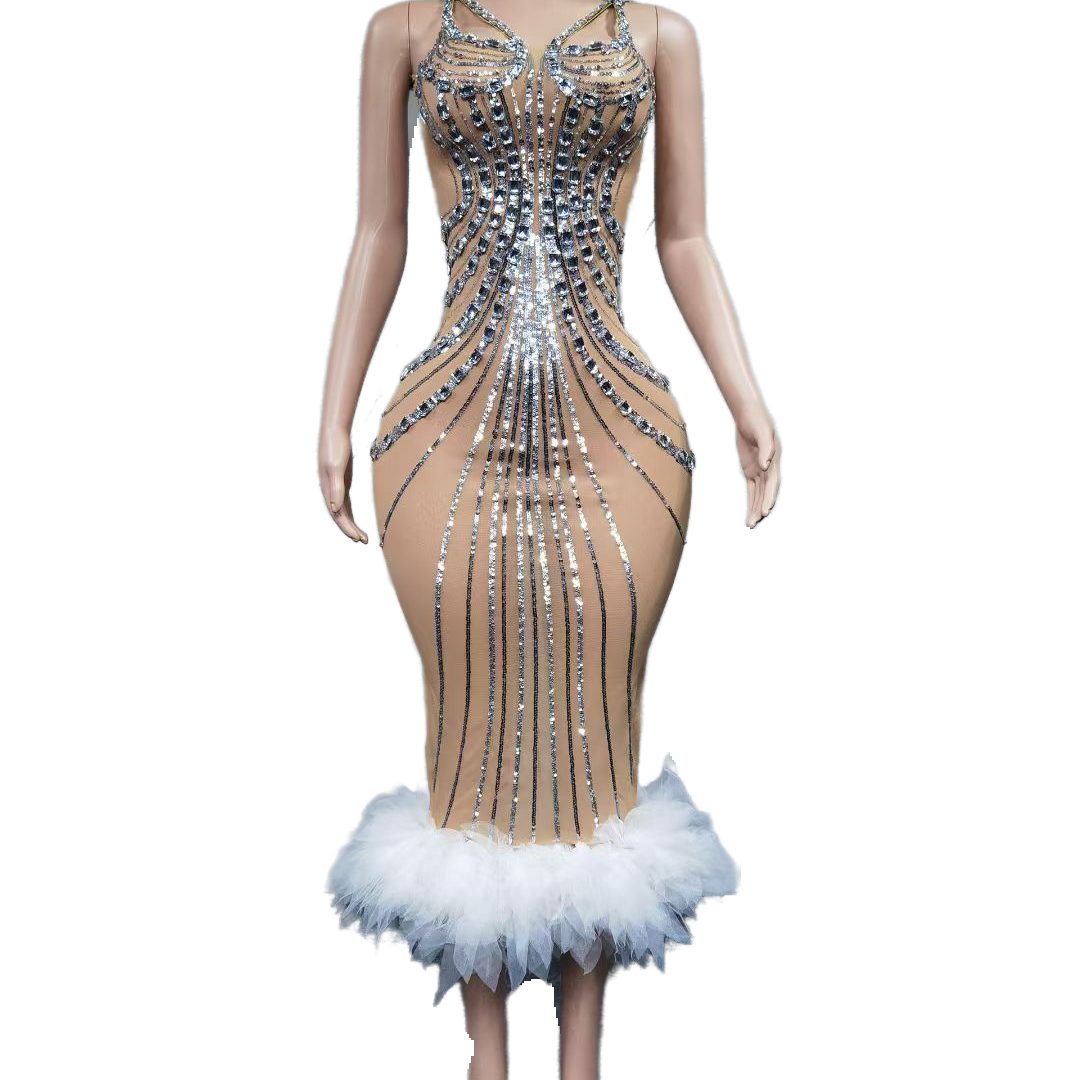 Sexy Silver Sequin Feather Hem Bodycon Evening Dress for Women - Backless Glamorous Cosplay Costume - Halloweez