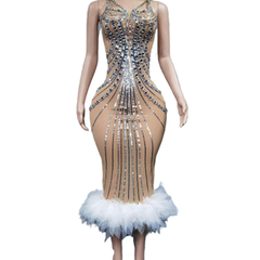 Sexy Silver Sequin Feather Hem Bodycon Evening Dress for Women - Backless Glamorous Cosplay Costume - Halloweez