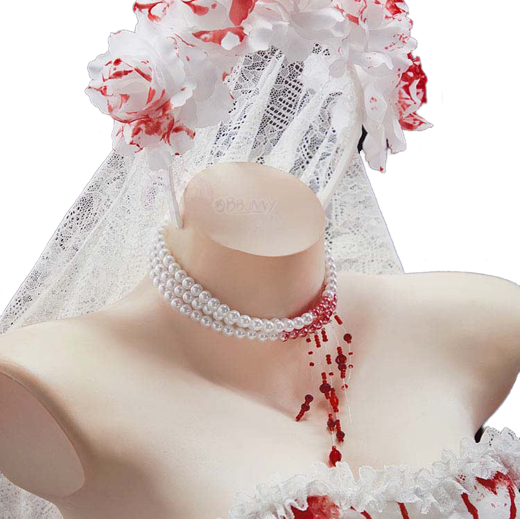 Halloweez Gothic White Bloody Bride Cosplay Costume Lace Hollow Out Dress for Halloween Anime Game Cosplay - Halloweez