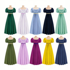 Bridgerton Inspired Women’s Regency Dress – Square Neck Empire Waist Maxi Gown with Puff Sleeves for Renaissance Fair, Tea Party & Historical Cosplay - Halloweez