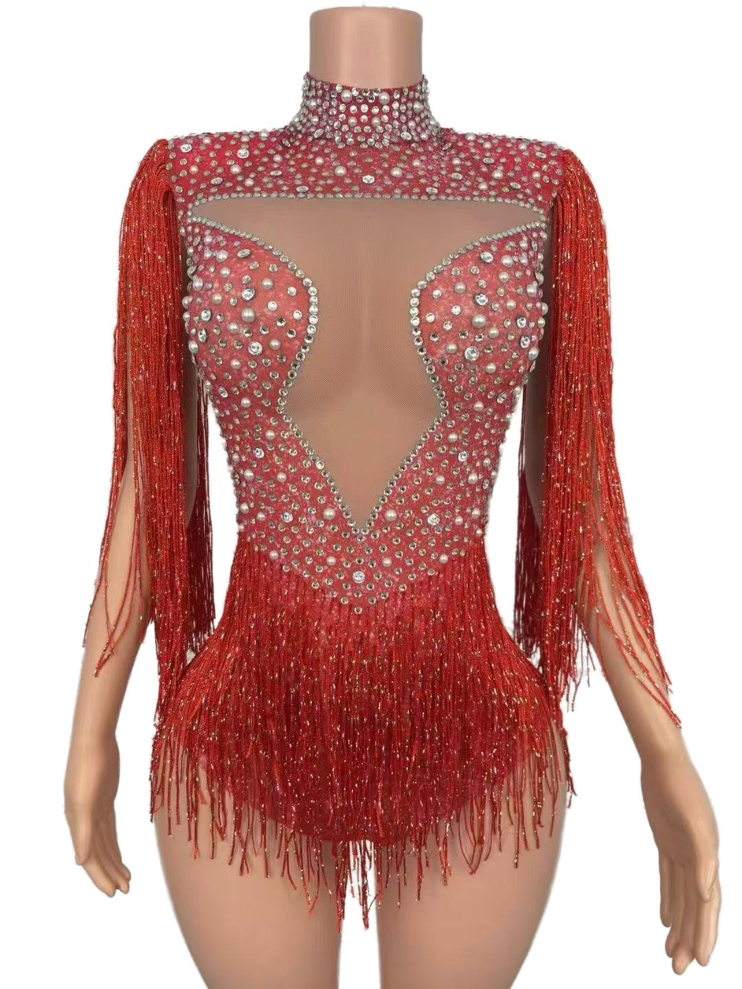 Summer New Hot Red Fringe Modern Dance Performance Costume Stage Talent Show Live Streaming Music Festival Performance Outfit - Halloweez