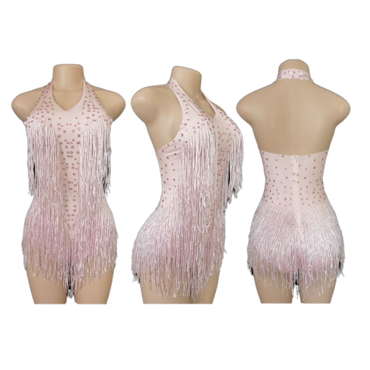 Latin Dance Halter Bodysuit with Fringe and Rhinestones - White Dance Performance Costume for Women - Halloweez