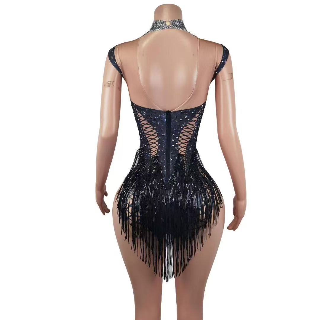 STOCK Singer Dance Rhinestone Elastic Pearl Black Bodysuit Performance Stage Costume Sexy Stage Outfit for Women - Halloweez