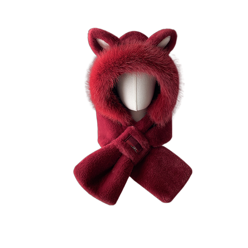 Cute Fox Ears Plush Hat Scarf Combo Winter Thick Warm Riding Ear Protection Unisex Cosplay Costume Accessory - Halloweez
