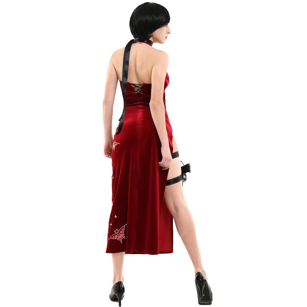 Ada Wong Sleeveless Qipao Resident Evil 4 Remake Cosplay Sexy High Slit Red Long Dress - Halloweez