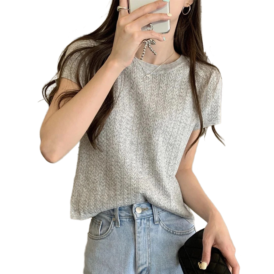 Elegant Hollow-Out Short Sleeve Women's Summer High-End Youthful Slimming Design Fashion Round Neck Ice Silk Knitted Top A3919 - Halloweez