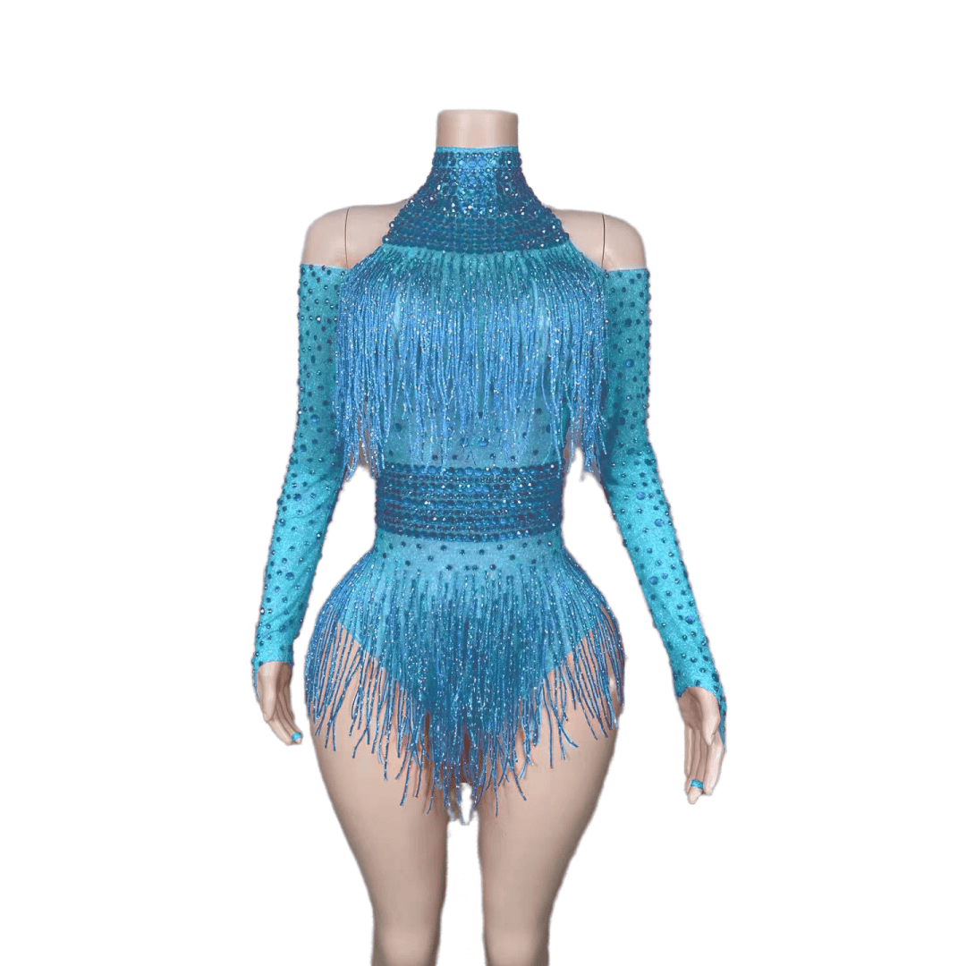 Red Fringe Bodysuit with Diamonds - Sparkling Performance Costume for Female Singers, Dance Teams, Nightclub Shows, and Stage Performances - Halloweez