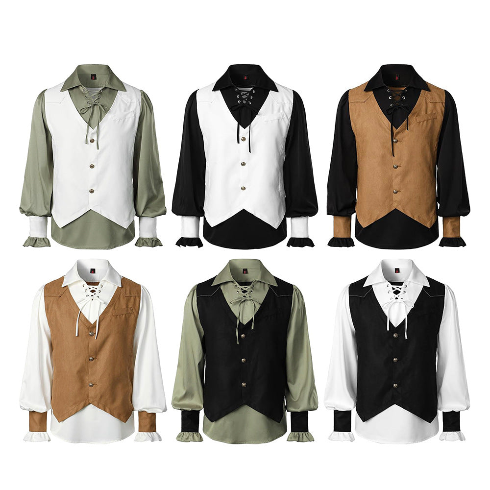 Medieval Pirate Victorian Steampunk Gothic Long Sleeve Vest Shirt Halloween Costume - Halloweez