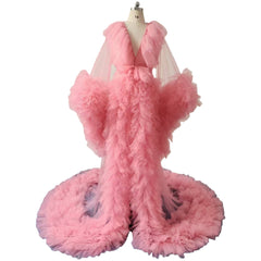 Pink Maternity Bridal Lingerie Robe Sheer Mesh Photoshoot Dress for Pregnancy with 3D Floral Print - Cosplay & Boudoir Photography - Halloweez