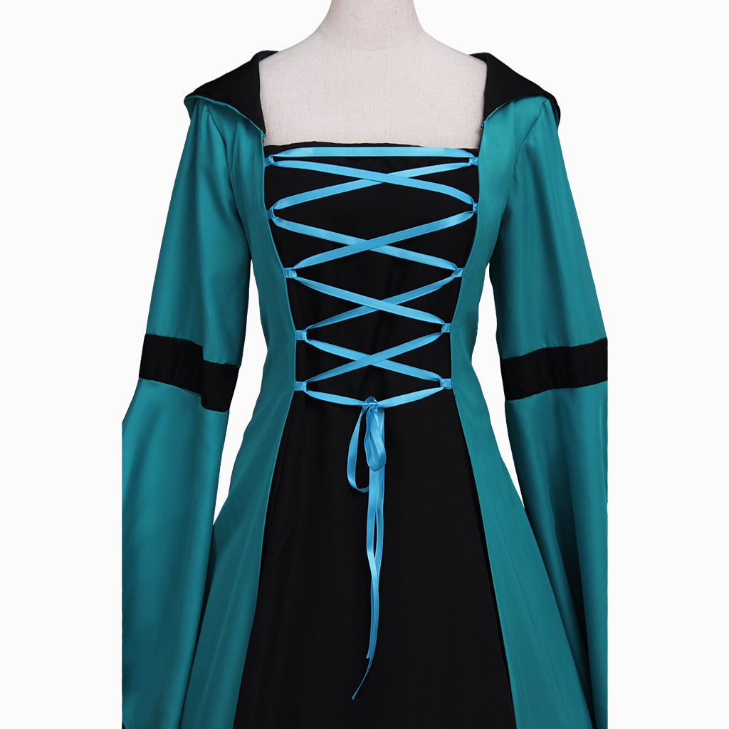 New Women's Halloweez Vintage Medieval Costume - Renaissance Victorian Square Neck Flare Sleeve Lace Patchwork Gothic Dress