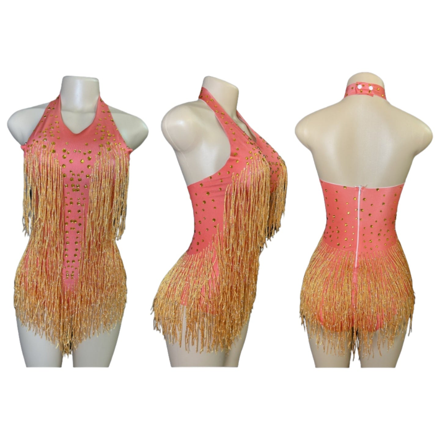 Latin Dance Halter Bodysuit with Fringe and Rhinestones - White Dance Performance Costume for Women - Halloweez