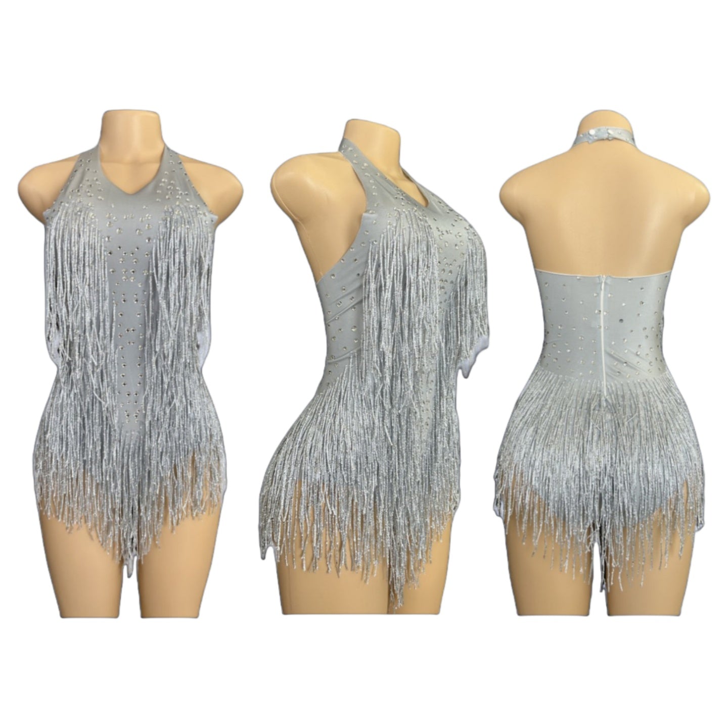 Latin Dance Halter Bodysuit with Fringe and Rhinestones - White Dance Performance Costume for Women - Halloweez