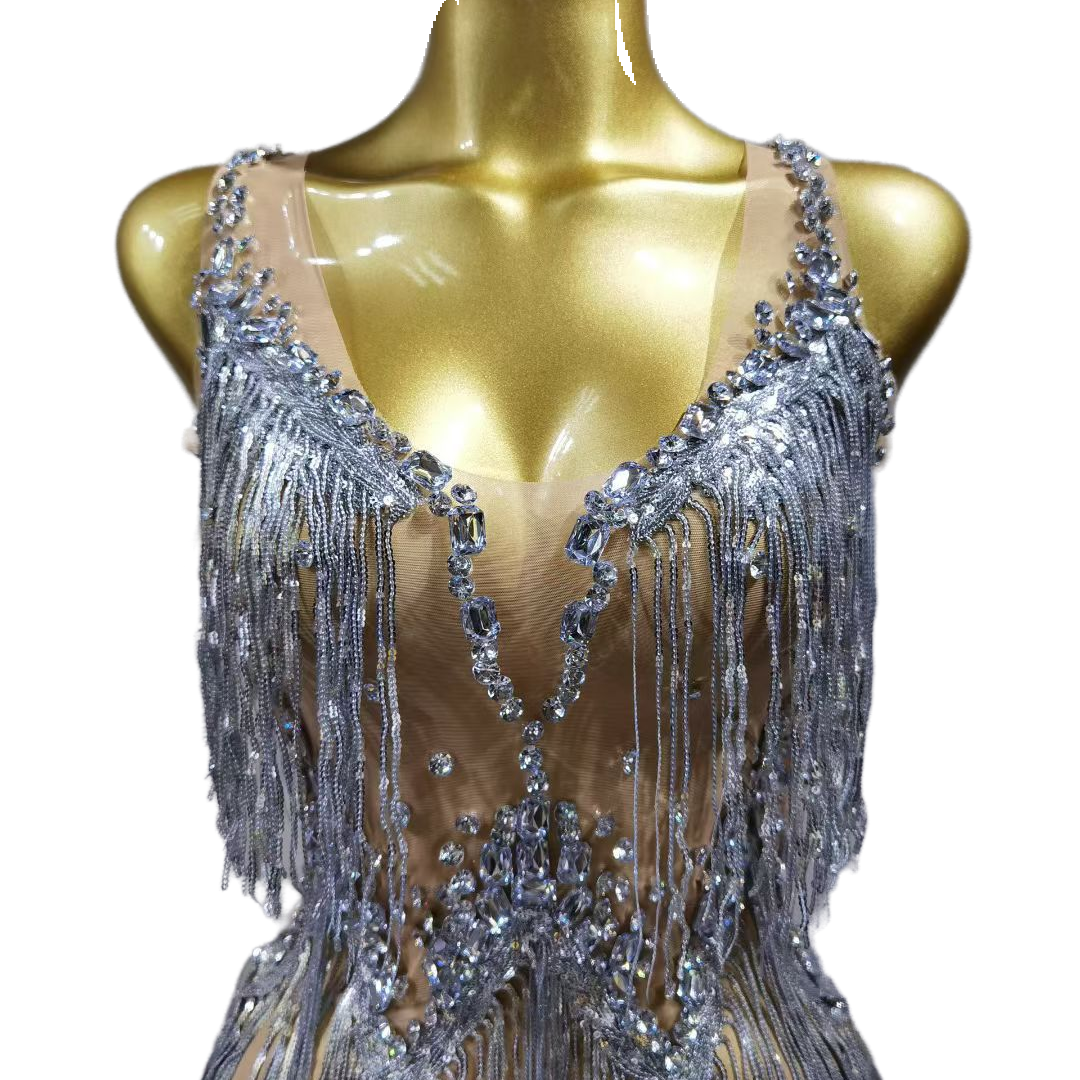 Fringe Dress Performance Costume Silver Dancewear Show Outfit Party Wear Sleeveless Halter Neck Performance Attire - Halloweez