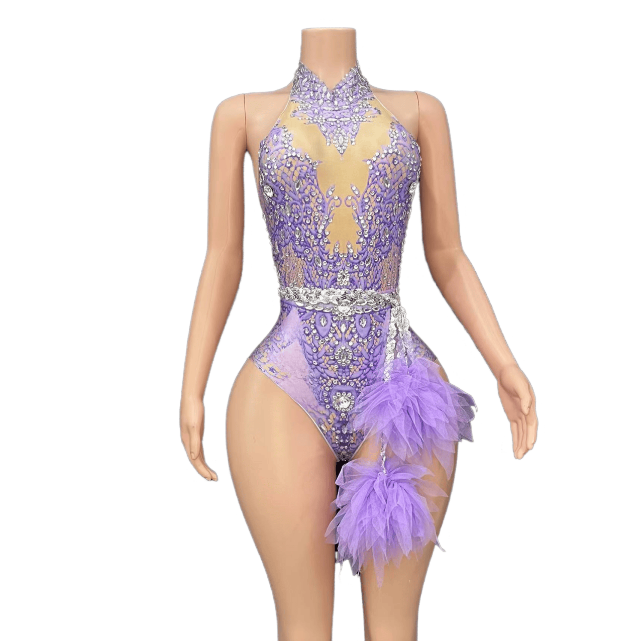 Sexy Sparkling Rhinestone Stretch Pink Mesh Bodysuit for Singer Dance Performance Cosplay Costume - Halloweez