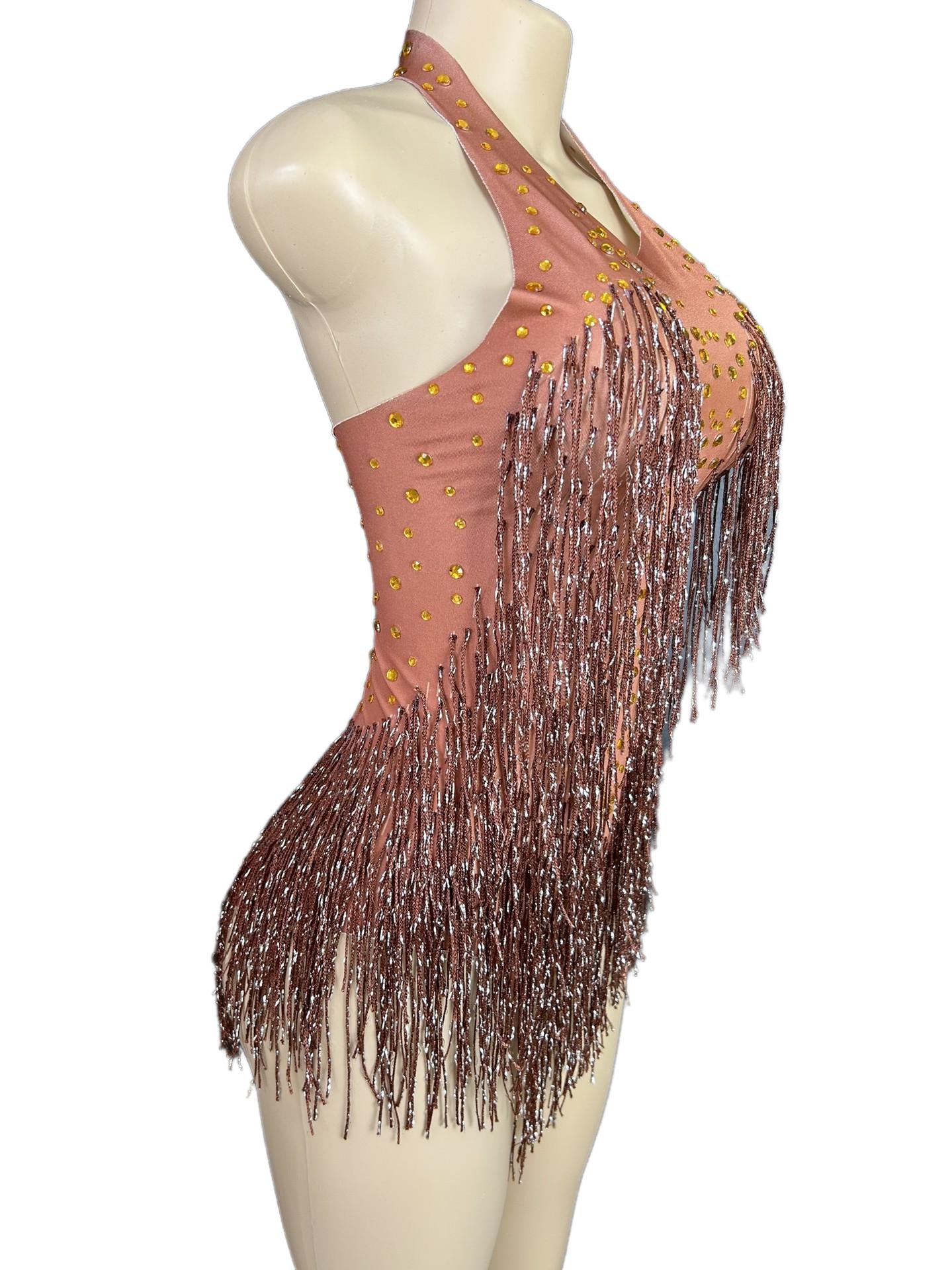 Latin Dance Halter Bodysuit with Fringe and Rhinestones - White Dance Performance Costume for Women - Halloweez