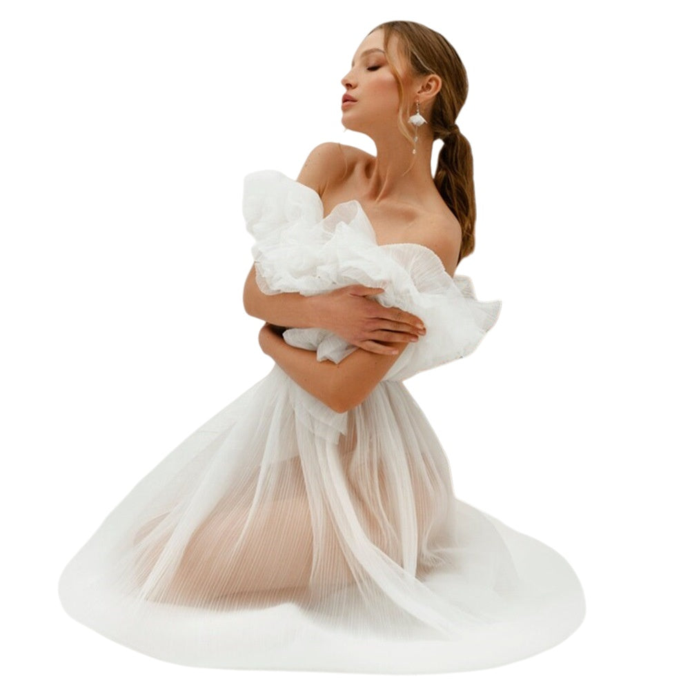 Off Shoulder Crinkle Sheer Maternity Cosplay Dress for Pregnancy Photos White Pink Lace Evening Gown - Halloweez