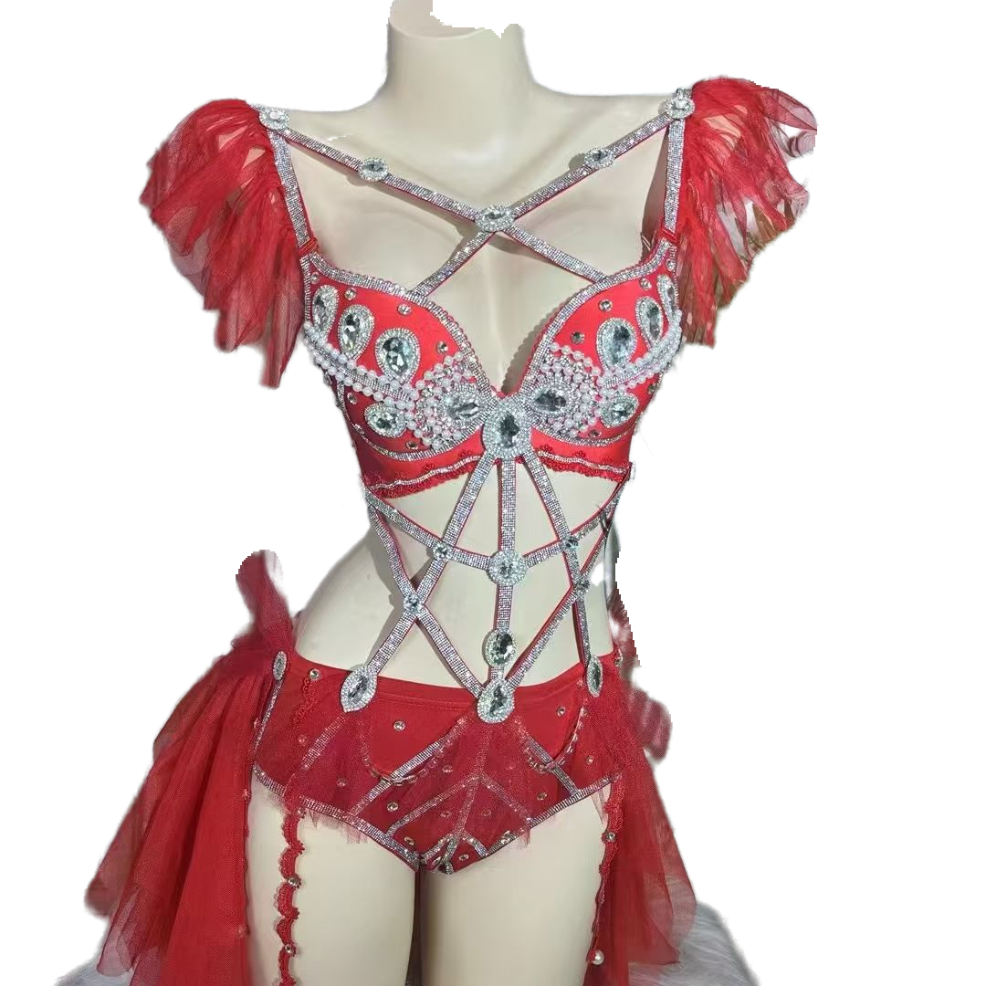 Sexy Go-Go Dancer Costume for Electronic Music Festival Performance, Red Strapless Stage Outfit for Female Singers and Dance Groups - Halloweez