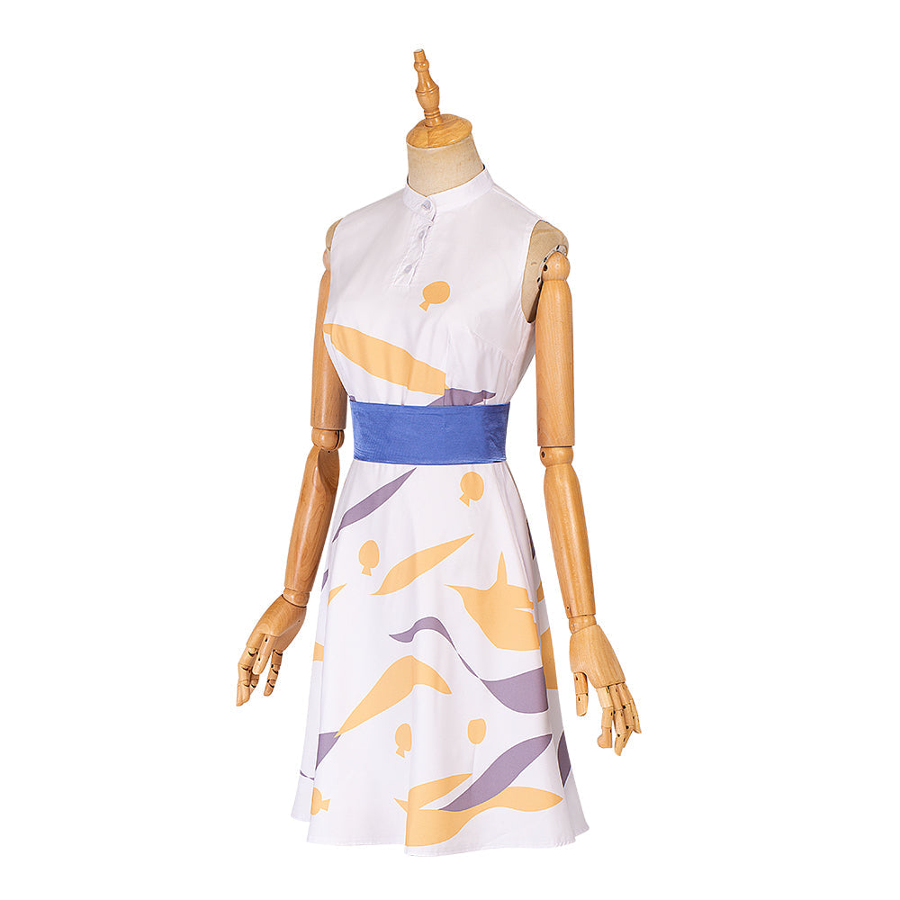 Elegant Game Light Female Leading Role Cosplay Costume by Halloweez - White Printing Sleeveless Dress