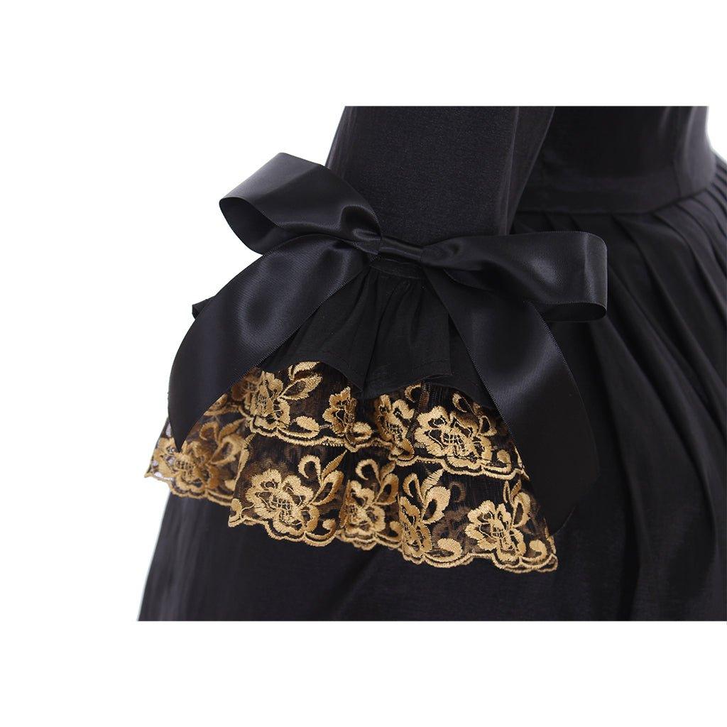 18th Century Rococo Black Dress: A Luxurious Cosplay Costume with Golden Lace - Coscosmos